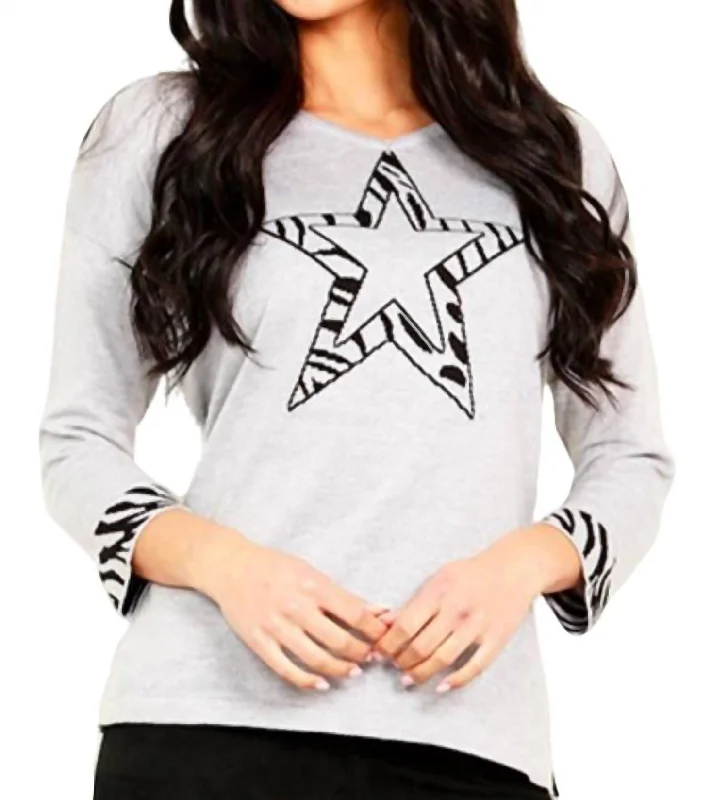 Lace-Up Knit Tops3/4 Star Sleeve V-Neck Sweater In Silver