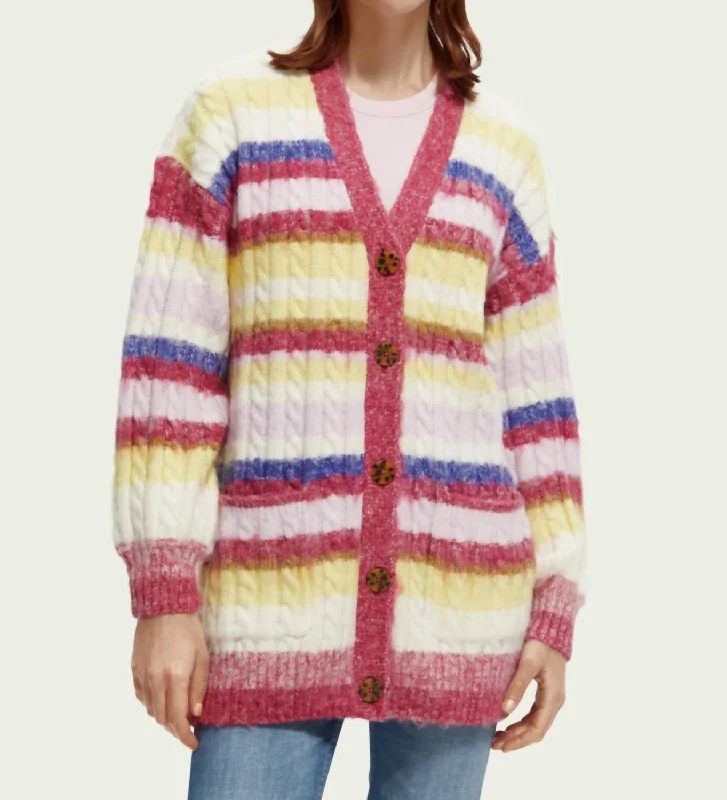 Branded Knit TopsBrushed Mixed Stripe Mid Length Cardigan In Cherry Pie