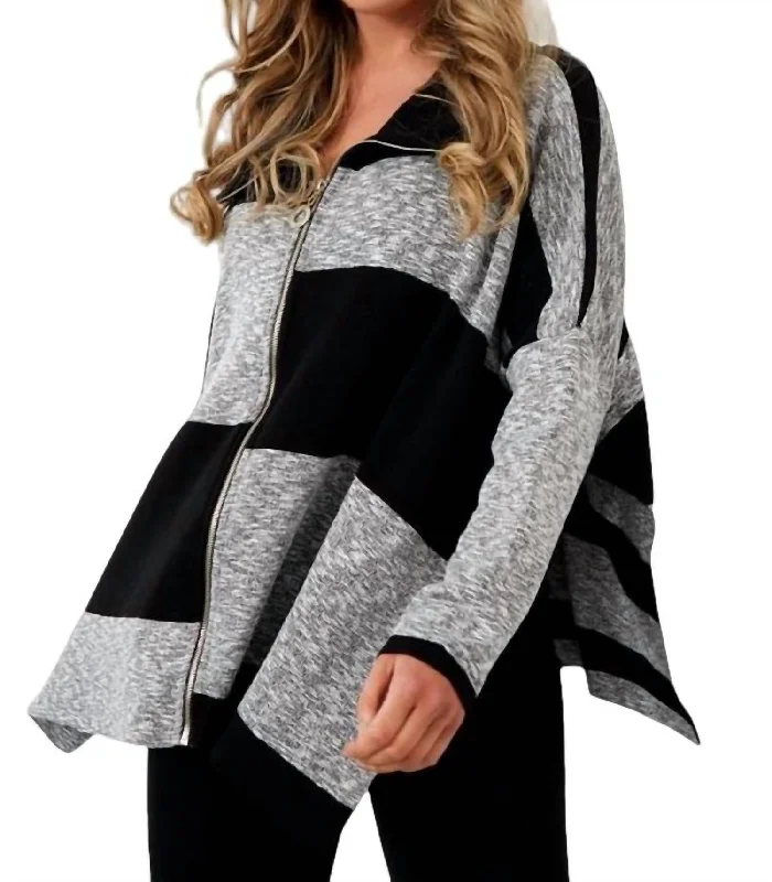 Festival Knit TopsColor Block Zip Poncho In Black