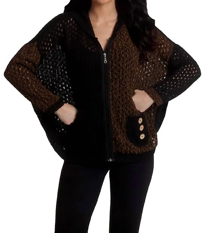 Sheer Knit TopsCrochet Button Hoodie Poncho In Spiceblack