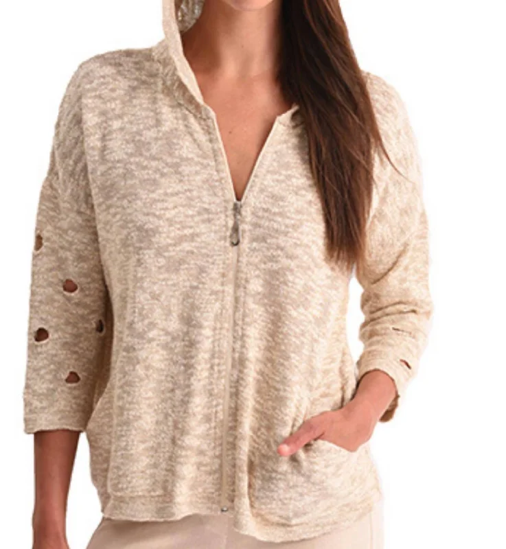 Organic Cotton Knit TopsCrochet Cut Out Hooded Zip Cardigan In Sand