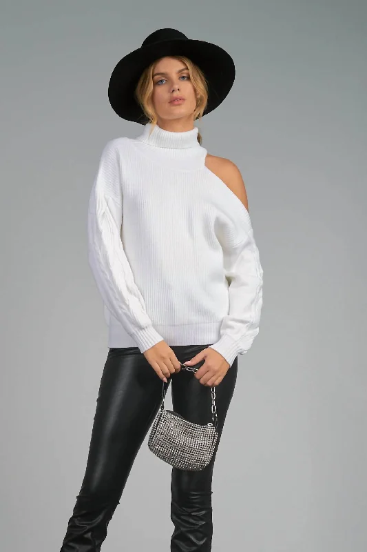 Hunting Knit TopsCut Out Shoulder Sweater In White