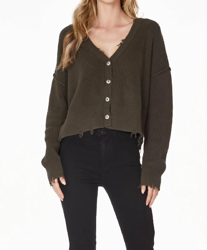 Festival Knit TopsDistressed Button Front Cardigan In Army