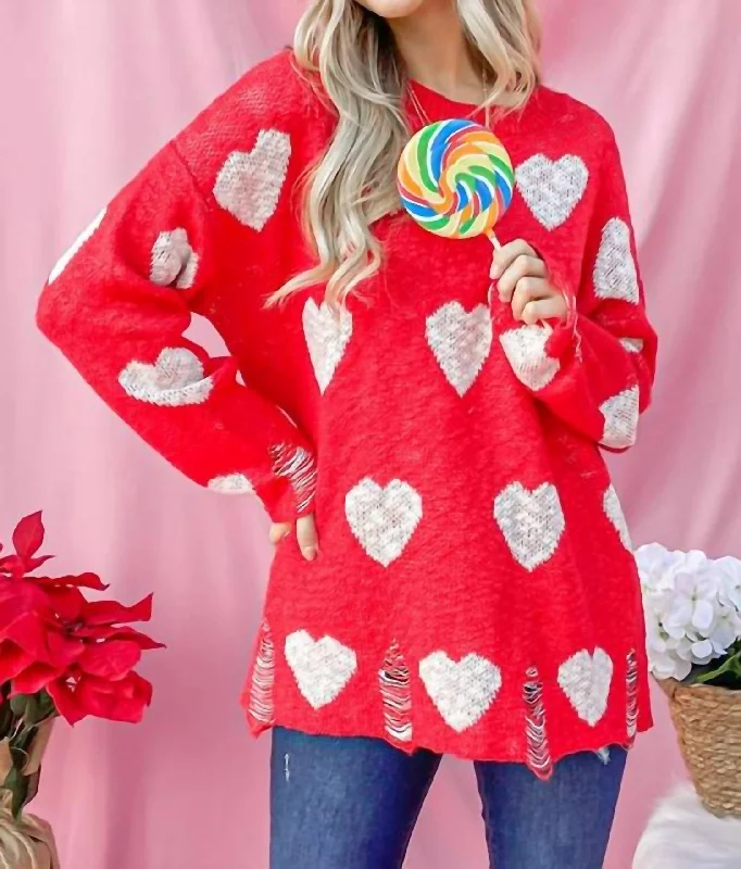 Cropped Knit TopsDistressed Sweater With Hearts In Red