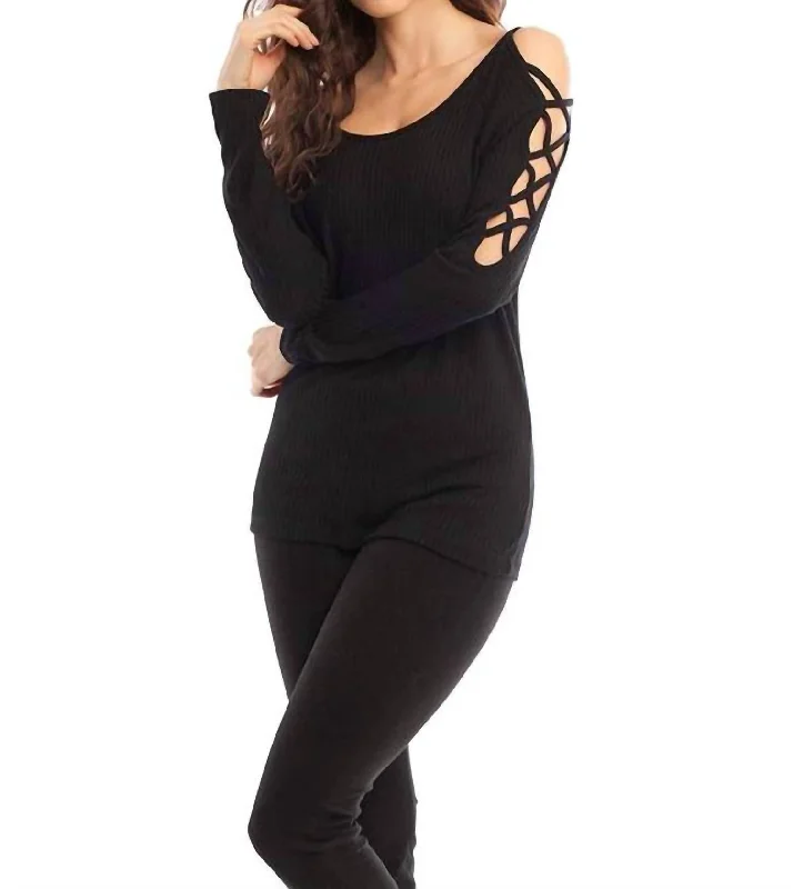 Scoop Neck Knit TopsEva Tie-Up Sleeves In Black