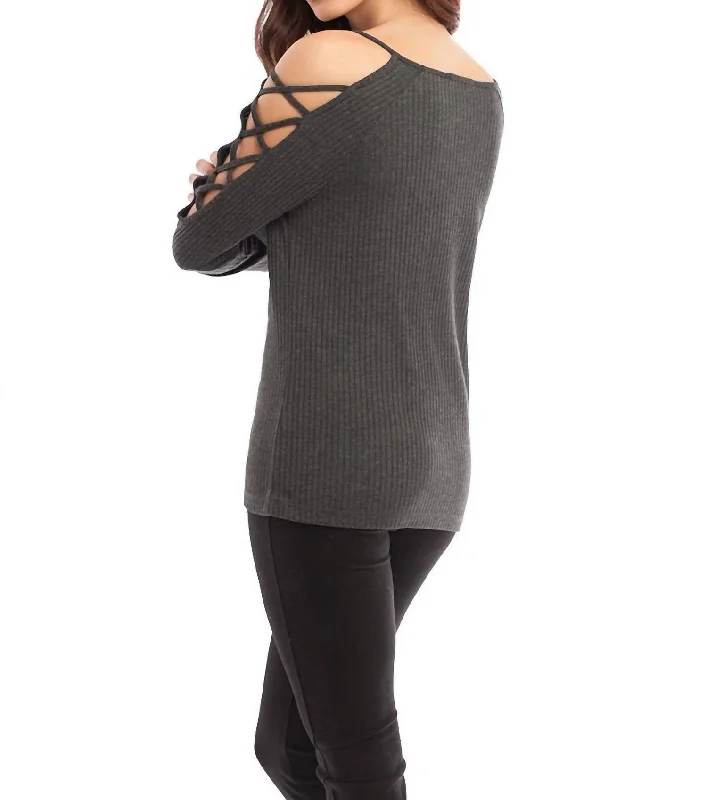 Tasseled Knit TopsEva Tie-Up Sleeves In Gray