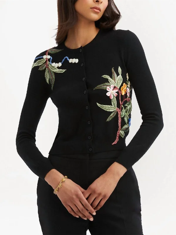 Metallic Knit TopsFloral Embroidered Cardigan In Black Multi