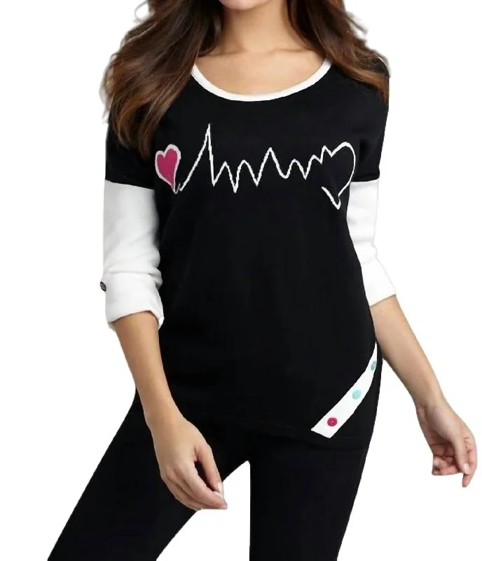 Scoop Neck Knit TopsHeartbeat Graphic Sweater In Blackwhite