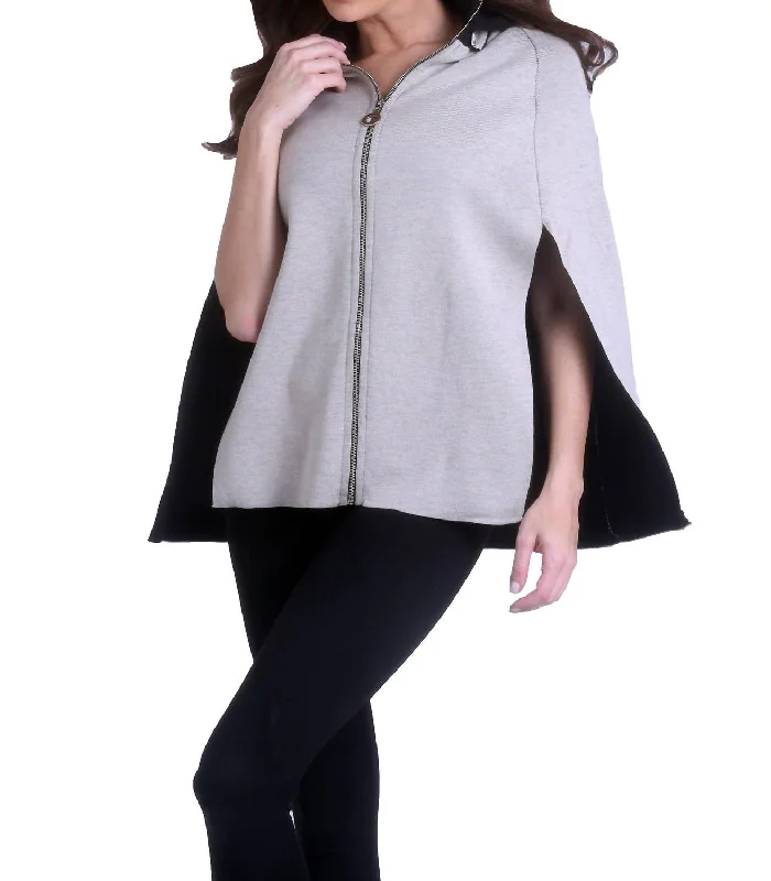 Urban Knit TopsHigh Slit Detachable Hooded Poncho In Black/stone