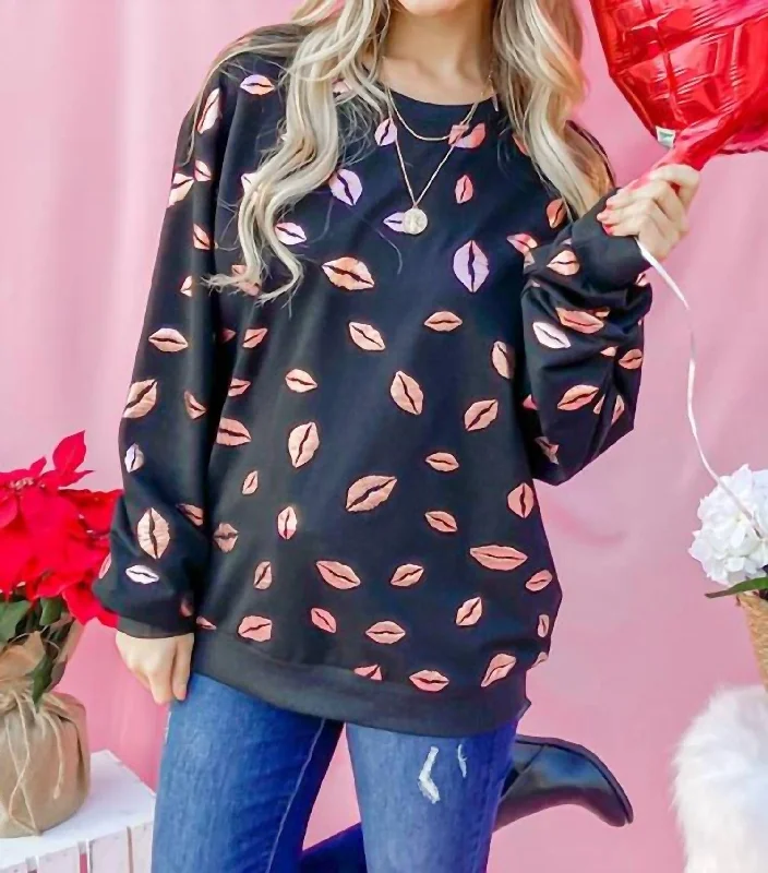 Layered Knit TopsKiss Pink Foil Allover Print Pullover Sweatshirts In Black