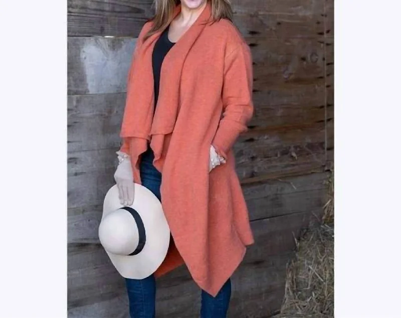 Cable Knit TopsLong Open Front Cardigan In Coral Orange Rust