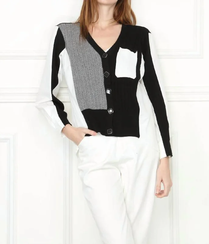 Sheer Knit TopsMix Media Shirt Cardigan In Black/white