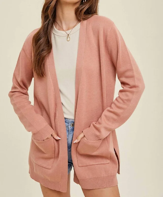 Zippered Knit TopsOpen Cardigan In Mauve Heathered