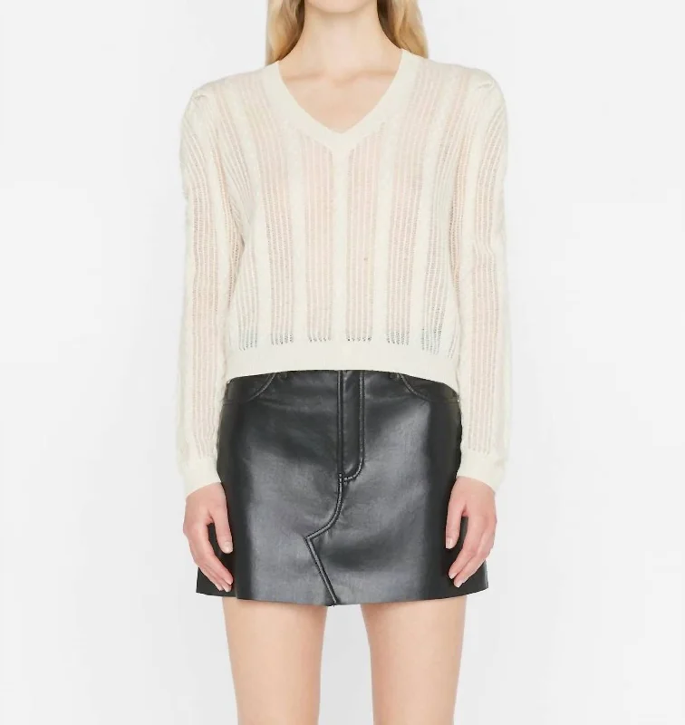 Leather-Paneled Knit TopsPointelle Cashmere Ruched Sweater In Off White