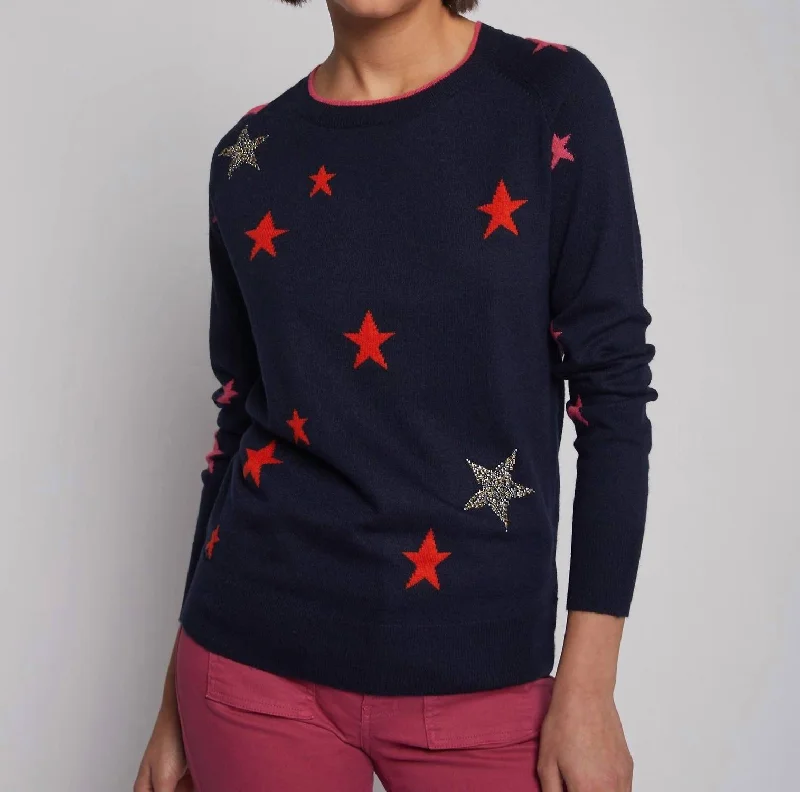 Ribbed Cuff Knit TopsStars Sweater In Navy Intarsia