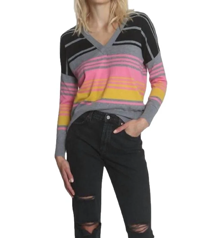 Organic Cotton Knit TopsSunrise Stripe Vee Top In Pink Multi