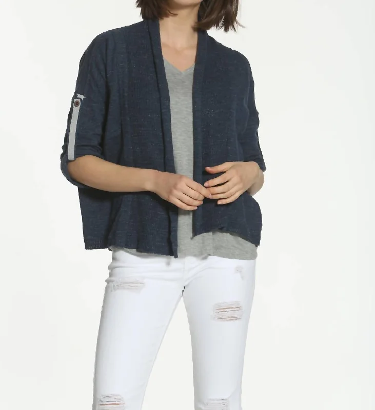 Fringed Knit TopsTab Sleeve Cardigan In Navy