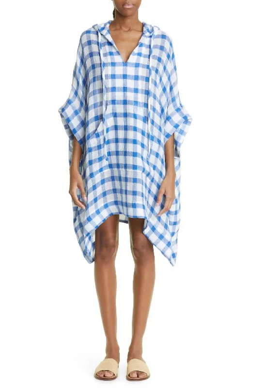 Lounge Knit TopsThe Hooded Poncho In French Blue/white Gingham Chios Gauze