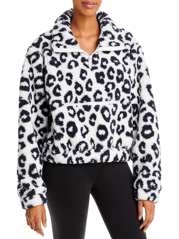 Retro Knit TopsWomens Animal Print Zipper Pocket 1/2 Zip Sweater