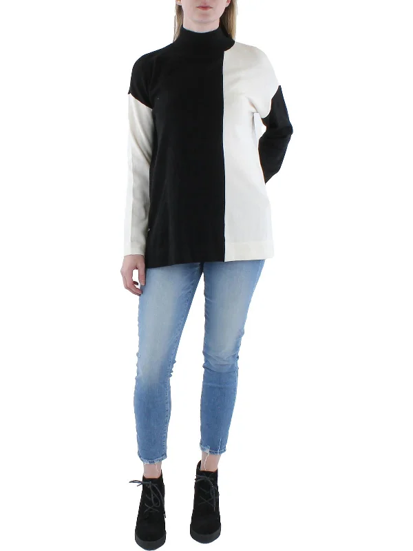 Asymmetrical Knit TopsWomens Colorblock Mock Neck Pullover Sweater