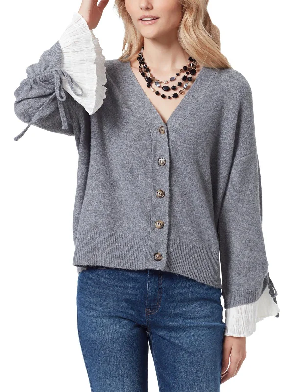 Urban Knit TopsWomens V Neck Ruffled Sleeves Cardigan Sweater