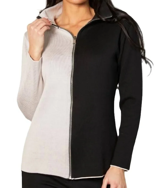 Cropped Knit TopsZip Cardigan In Black/stone