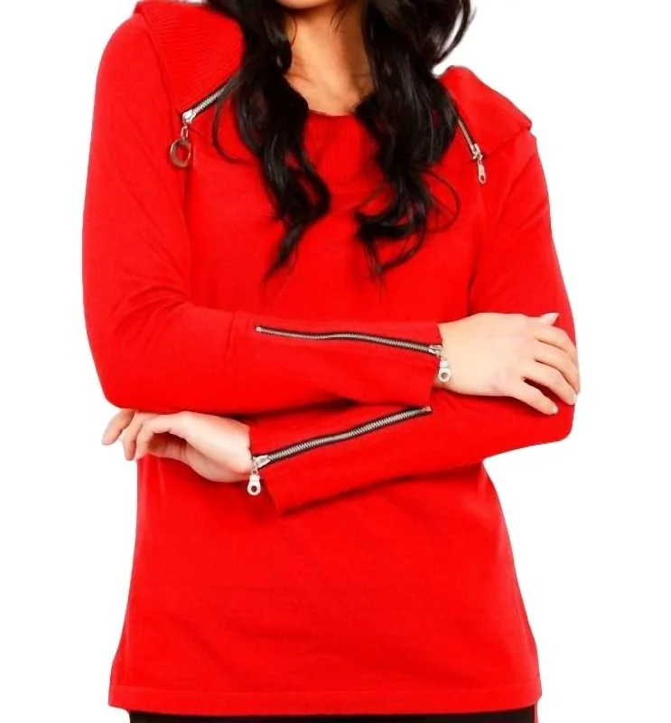 Cashmere Knit TopsZip Cowl Sweater In Red