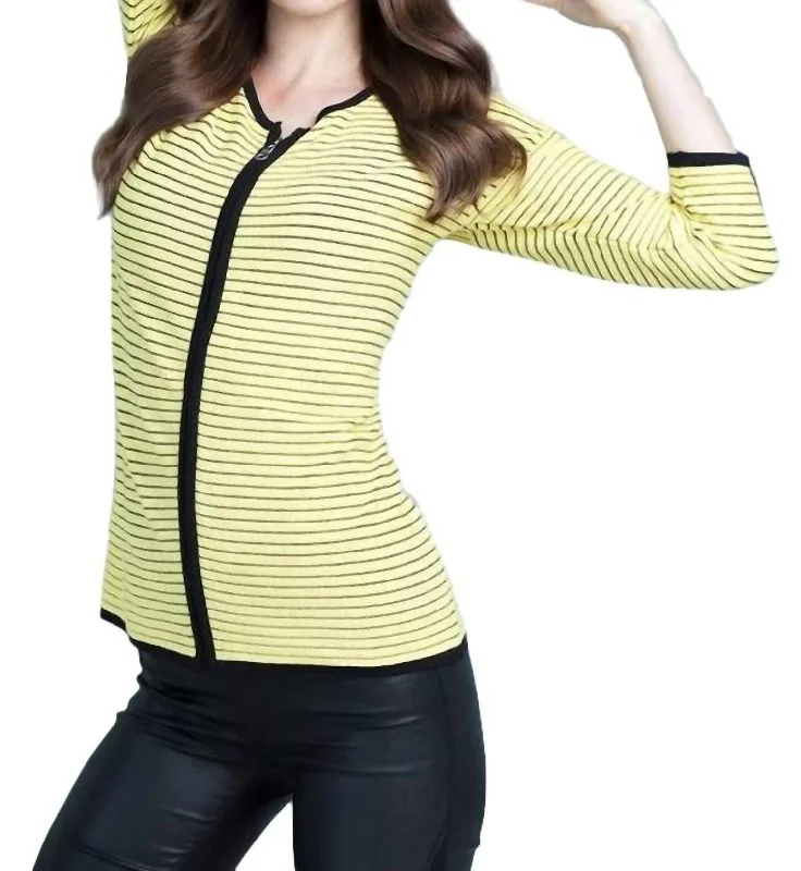 Layered Knit TopsZip-Front Striped Cardigan In Yellow