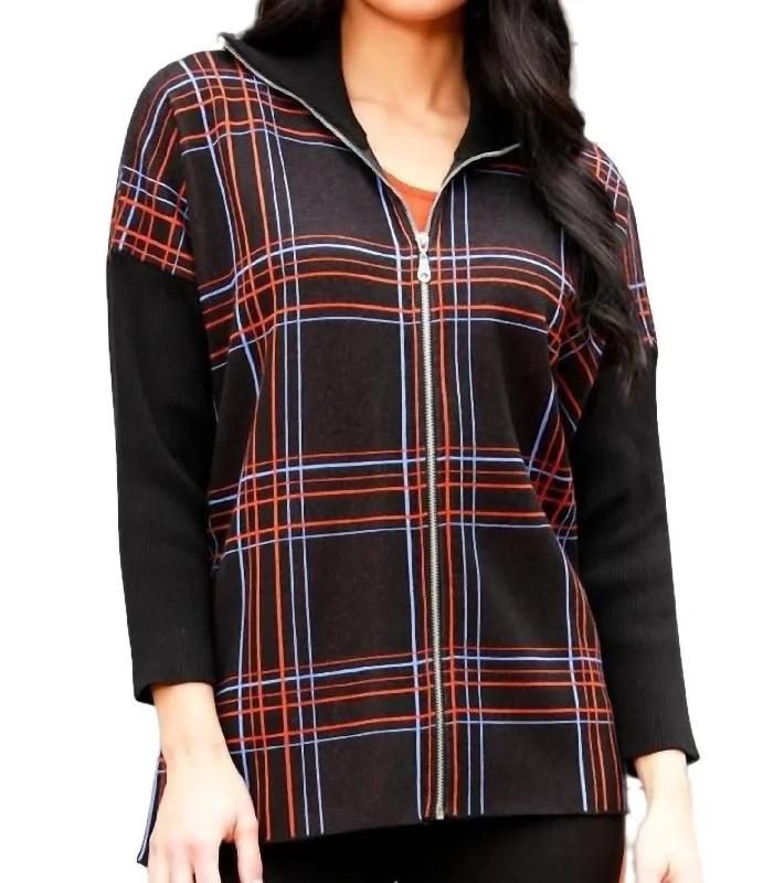 Layered Knit TopsZip Plaid Poncho In Black/multi