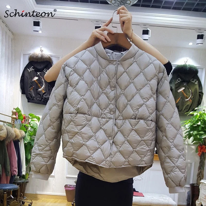 Studded Jackets2018 Baseball Down Jacket Women Short White Duck Down Outwear Loose Casual Coat Ultra Light Down Jackets Over Size