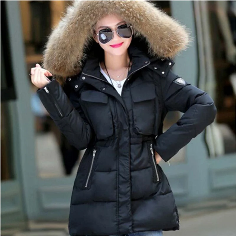 Work JacketsAILOOGE 2017 Winter Jacket Women Thickening Slim Long Cotton Padded Coat Fur Hood Parka Women Manteau Femme