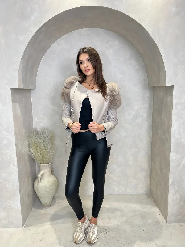 Tasseled JacketsBeige Collarless Luxury Fur Biker Jacket