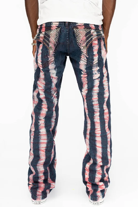 Motorcycle JacketsGYPSY STRAIGHT LEG REPATCHED JEANS WITH LONG FLAP EMBELLISHED  WITH CRYSTALS IN PRISONER RED