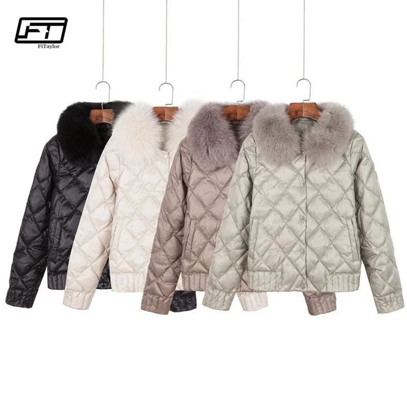 Streetwear JacketsFitaylor Women Down Jacket Winter Warm Ultra Light Real Collar Short Jacket White Duck Down Parka Elegant Coat Outwear