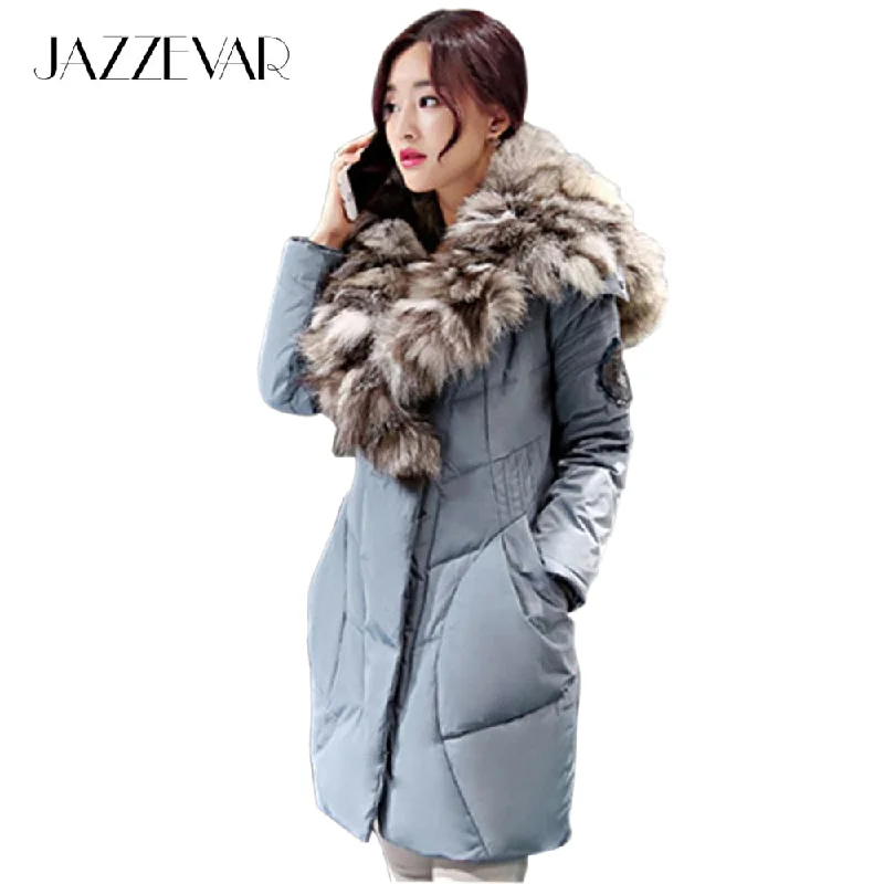 Suede JacketsJazzevar 2017 New Fashion Women's Winter Warm Down Coat Parkas 80% white duck with luxurious large real fox fur Down Jackets