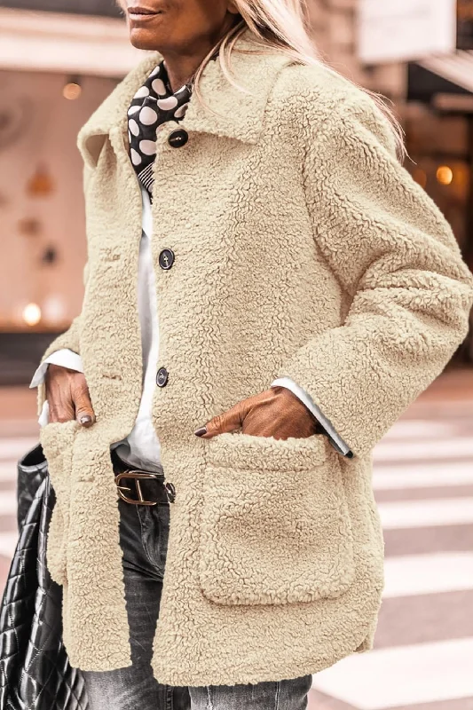 Hooded JacketsWinter Faux Fur Coats Long Sleeve Lapel Button Down Pockets Fleece Sherpa Jacket Casual Trendy Outerwear