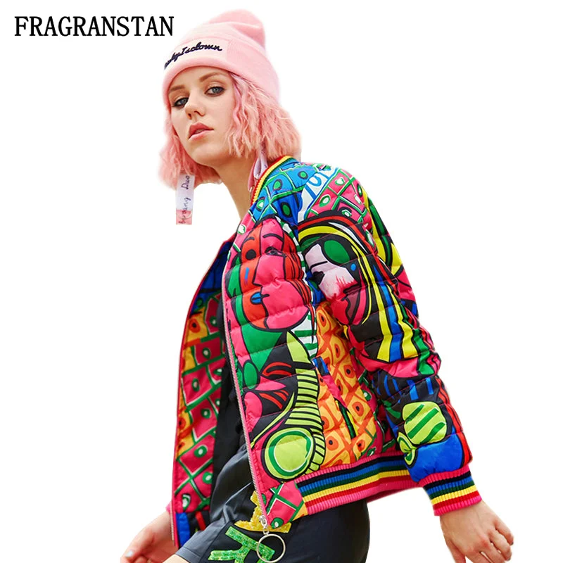 Luxury JacketsWomen Winter New Stand Collar Down Jacket Fashion Abstract Print High Quality Parkas Female Casual Slim Baseball Uniform JQ752