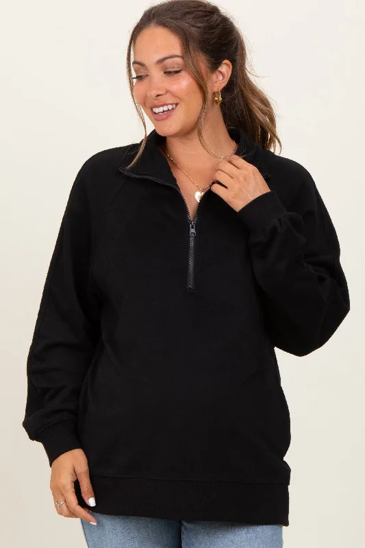 High-Fashion SweatshirtsBlack Half Zip Contrast Rib Sweatshirt Maternity Top