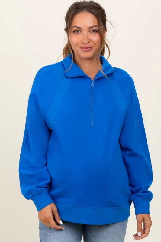 Beaded SweatshirtsBlue Half Zip Contrast Rib Sweatshirt Maternity Top