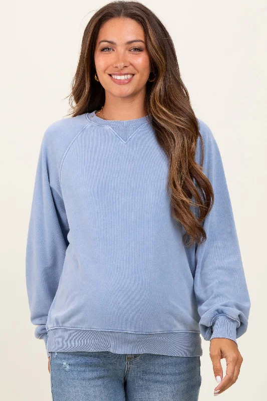 Drawstring HoodiesBlue Vintage Wash Relaxed Fit Maternity Sweatshirt