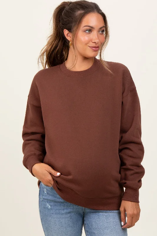 Printed SweatshirtsBrown Fleece Crew Neck Relaxed Fit Maternity Sweatshirt