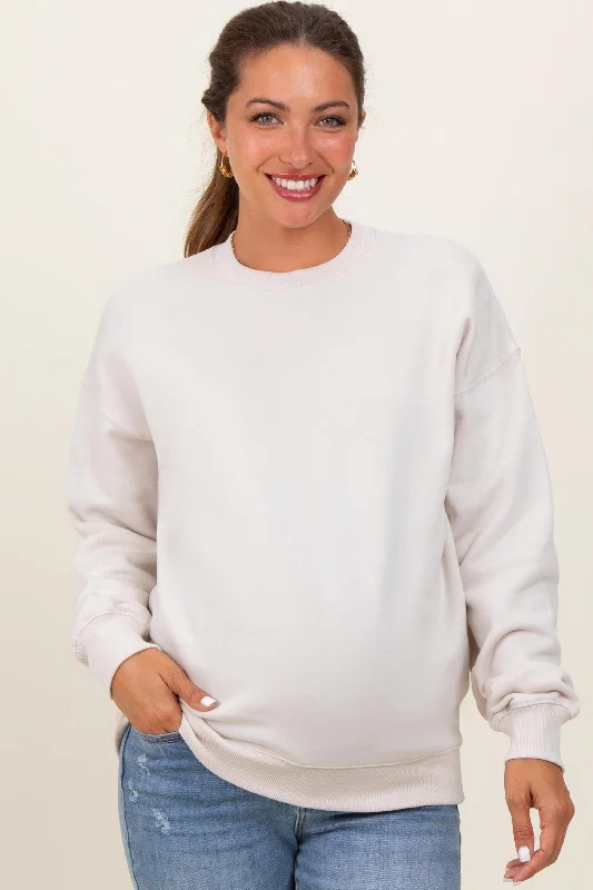 Sheer HoodiesCream Fleece Crew Neck Relaxed Fit Maternity Sweatshirt