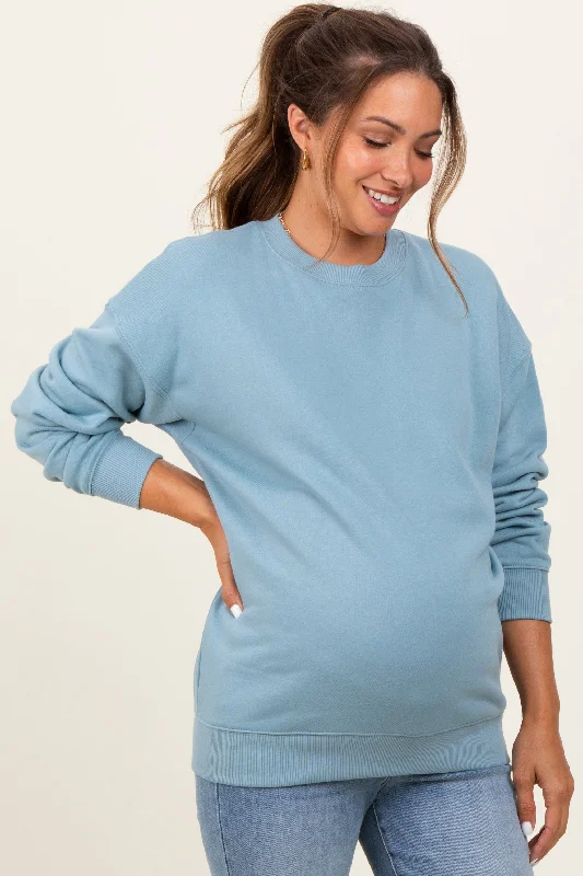 Lace-Up HoodiesLight Blue Fleece Crew Neck Relaxed Fit Maternity Sweatshirt