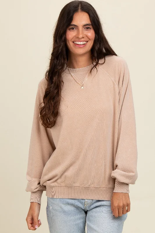 Ribbed Cuff HoodiesLight Taupe Vintage Wash Relaxed Fit Sweatshirt