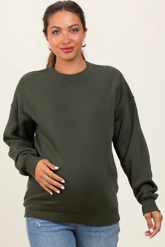 Graphic HoodiesOlive Fleece Crew Neck Relaxed Fit Maternity Sweatshirt