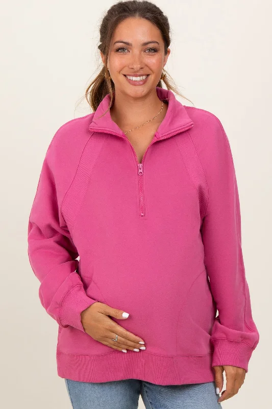 Kangaroo Pocket SweatshirtsPink Half Zip Contrast Rib Sweatshirt Maternity Top