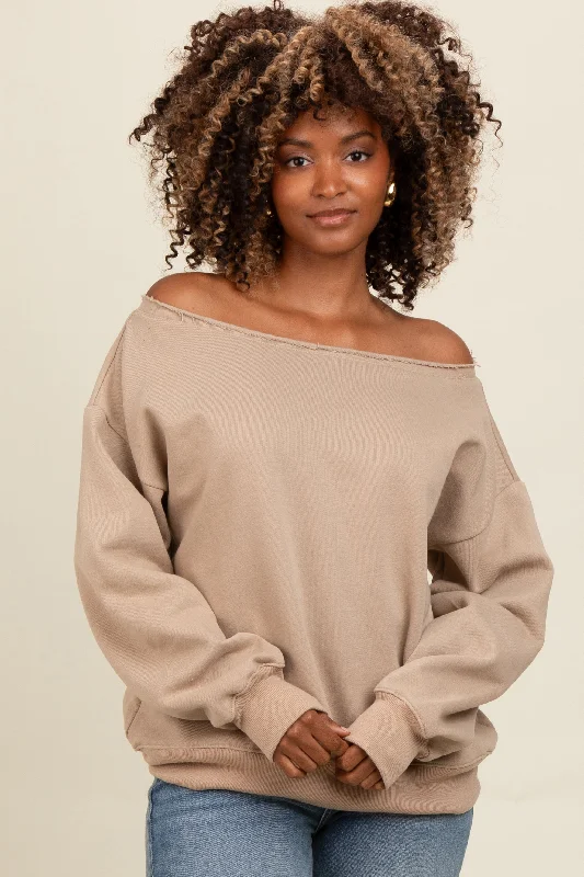 Oversized HoodiesTaupe One Shoulder Sweatshirt