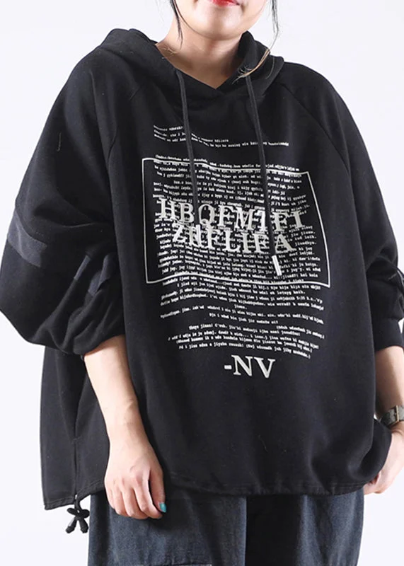 Drawstring HoodiesArt Black Alphabet Graphic Drawstring Side Open Hooded Sweatshirts Long Sleeve