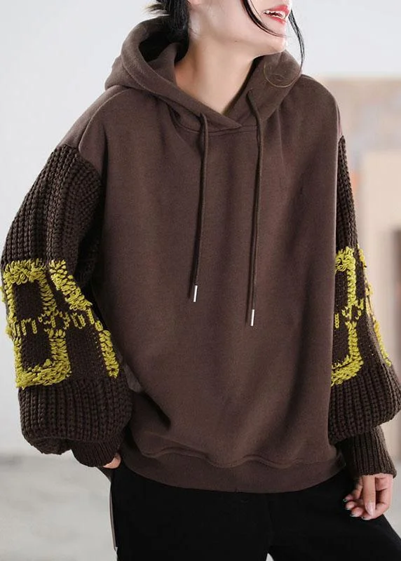 Streetwear HoodiesBrown Hooded knit Patchwork Warm Fleece Sweatshirts Tracksuits Winter