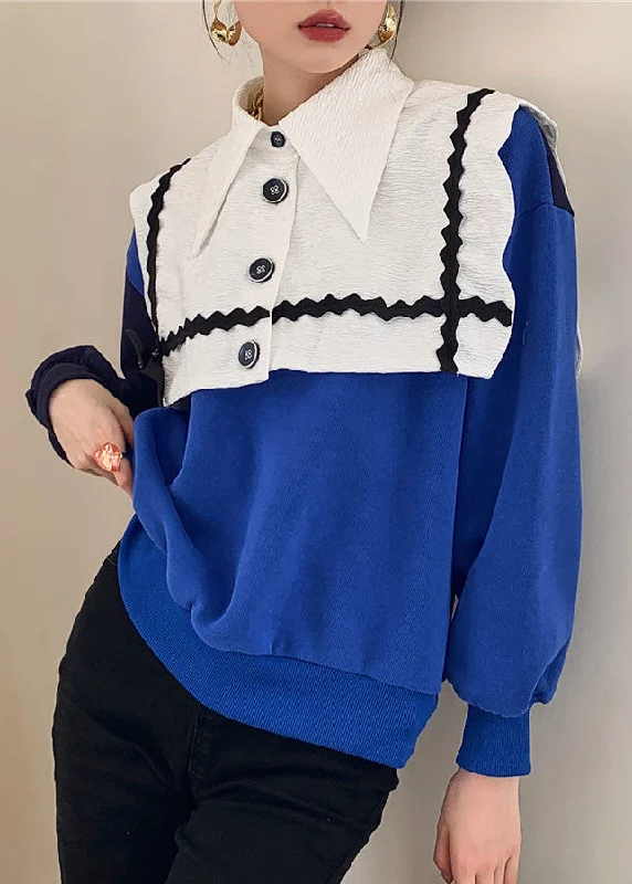 Tasseled SweatshirtsClassy Blue White Colorblock Peter Pan Collar Bow Patchwork Knit Sweatshirt Long Sleeve